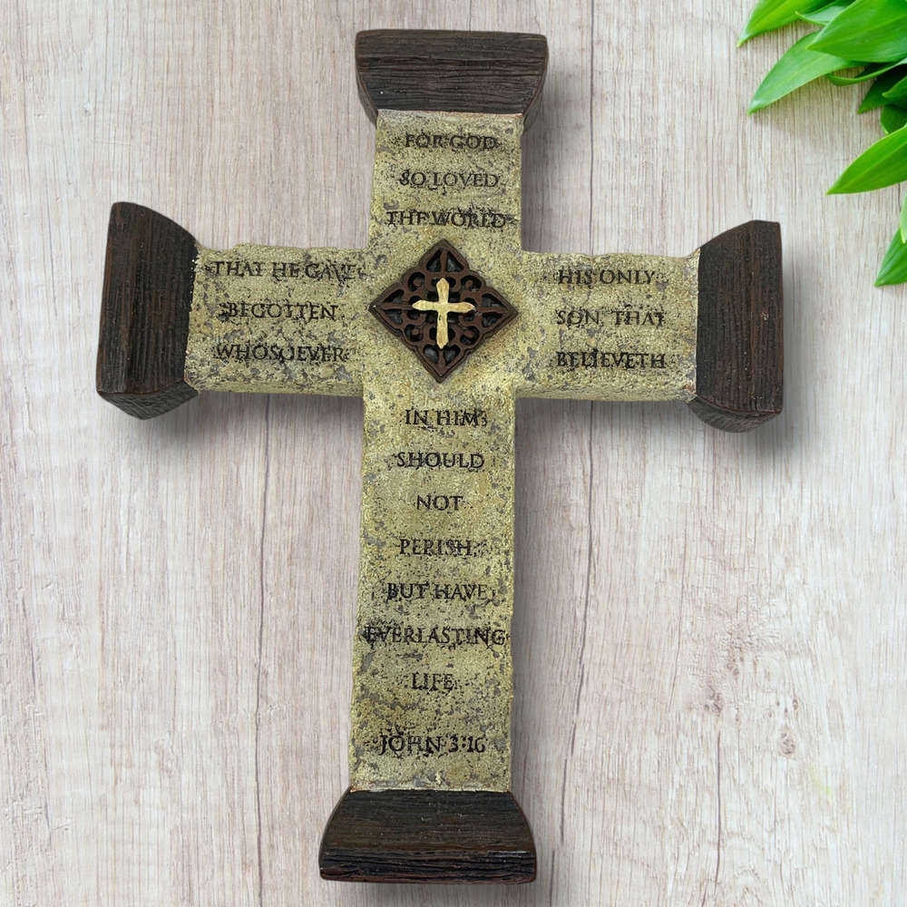 John 3:16 Rustic Wall Cross Faux Stone Resin Christian Religious Decor 10"